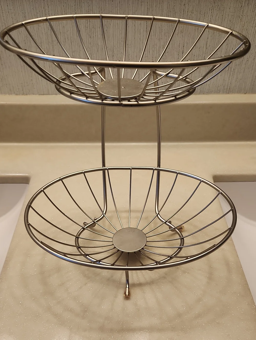 Two-Tier Metal Fruit Basket Stand- Silver-tone